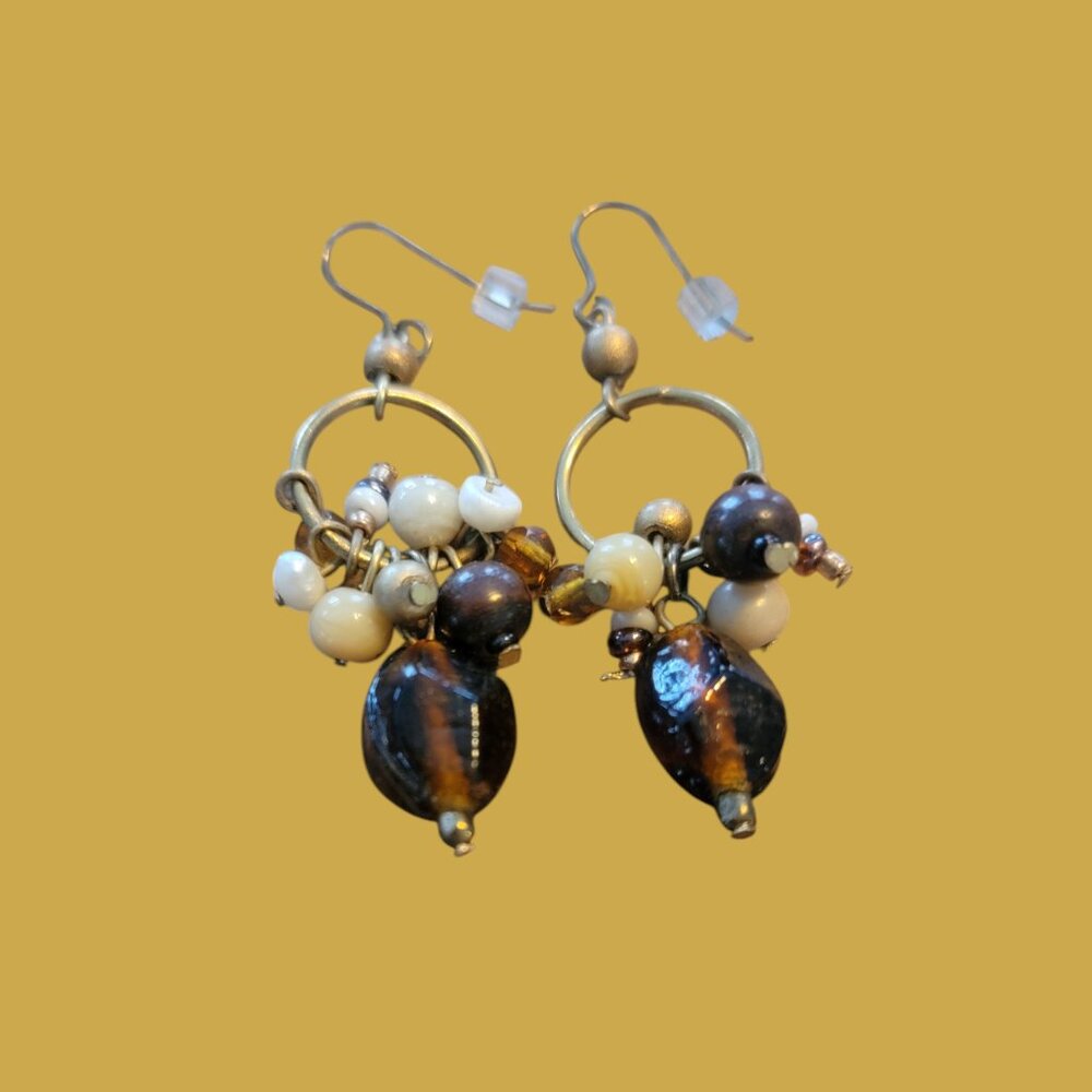 Gold Tone Amber & Cream Chandelier Beaded Boho Earrings